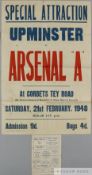 Upminster v. Arsenal "A" Friendly Match advertising poster, 1948