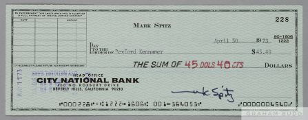 Mark Spitz, nine-time Olympic Swimming Gold medal winner, rare original signed personal cheque