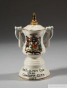 Carlton Ware miniature china replica of the the F.A. Cup trophy being a souvenir of Cardiff City's