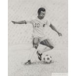 A tribute drawing of Pelé in a New York Cosmos home uniform on the playing field, owned by Pel