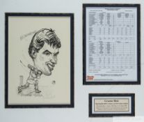 Graeme Hick signed caricature, scorecard display commemorating his one hundredth century