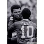 A large black and white portrait photograph of Pele embracing Muhmmed Ali