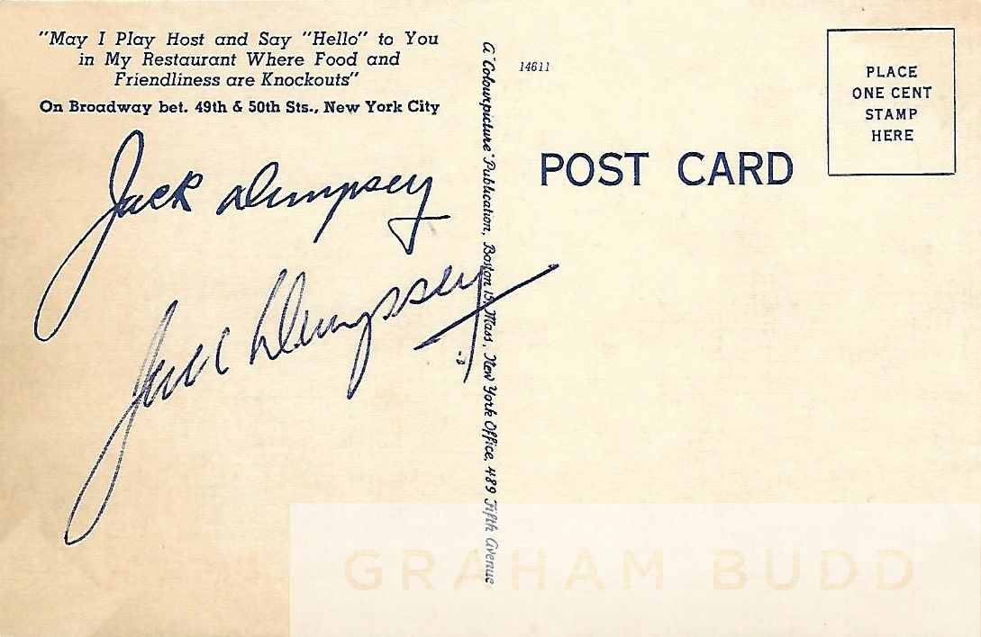 Boxing: Jack Dempsey signed 5.5 x 3.5in. postcard,