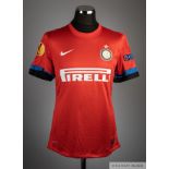 Diego Milito red, blue and black No.22 Inter Milan match issued short-sleeved shirt, 2012-13