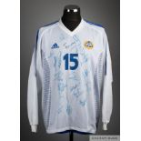 Multi-signed white and blue No.15 Finland Football Federation shirt