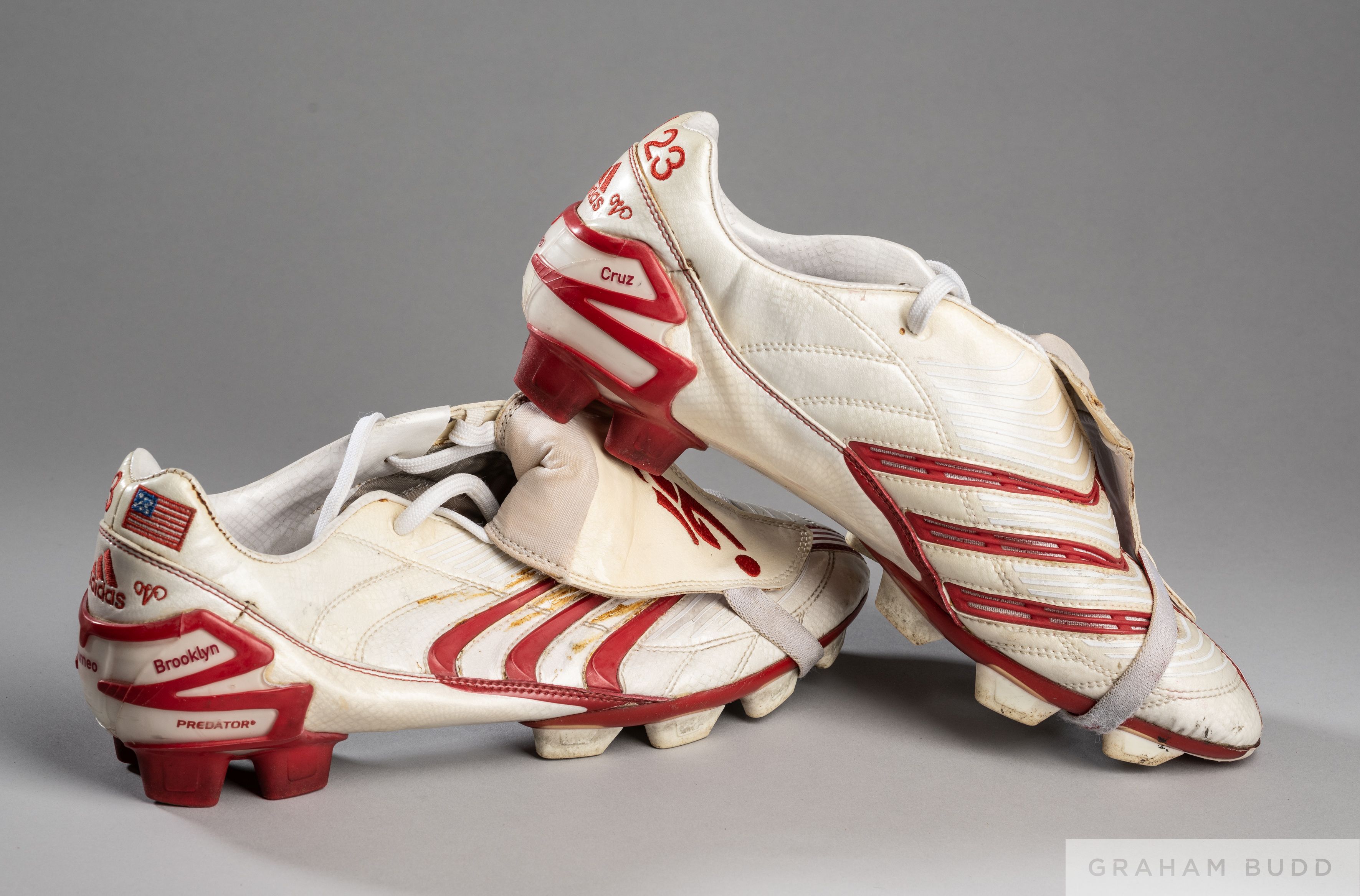 David Beckham pair of match worn white and red Adidas 2006 Predator football boots