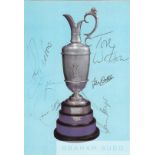Golf: Official St Andrews 8 x 5.5in. postcard of the famous Claret Jug signed by seven past winners,