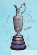 Golf: Official St Andrews 8 x 5.5in. postcard of the famous Claret Jug signed by seven past winners,