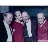 Colour poster of Manchester United's management team of Sir Matt Busby, Lewis Edwards and Jimmy Murp