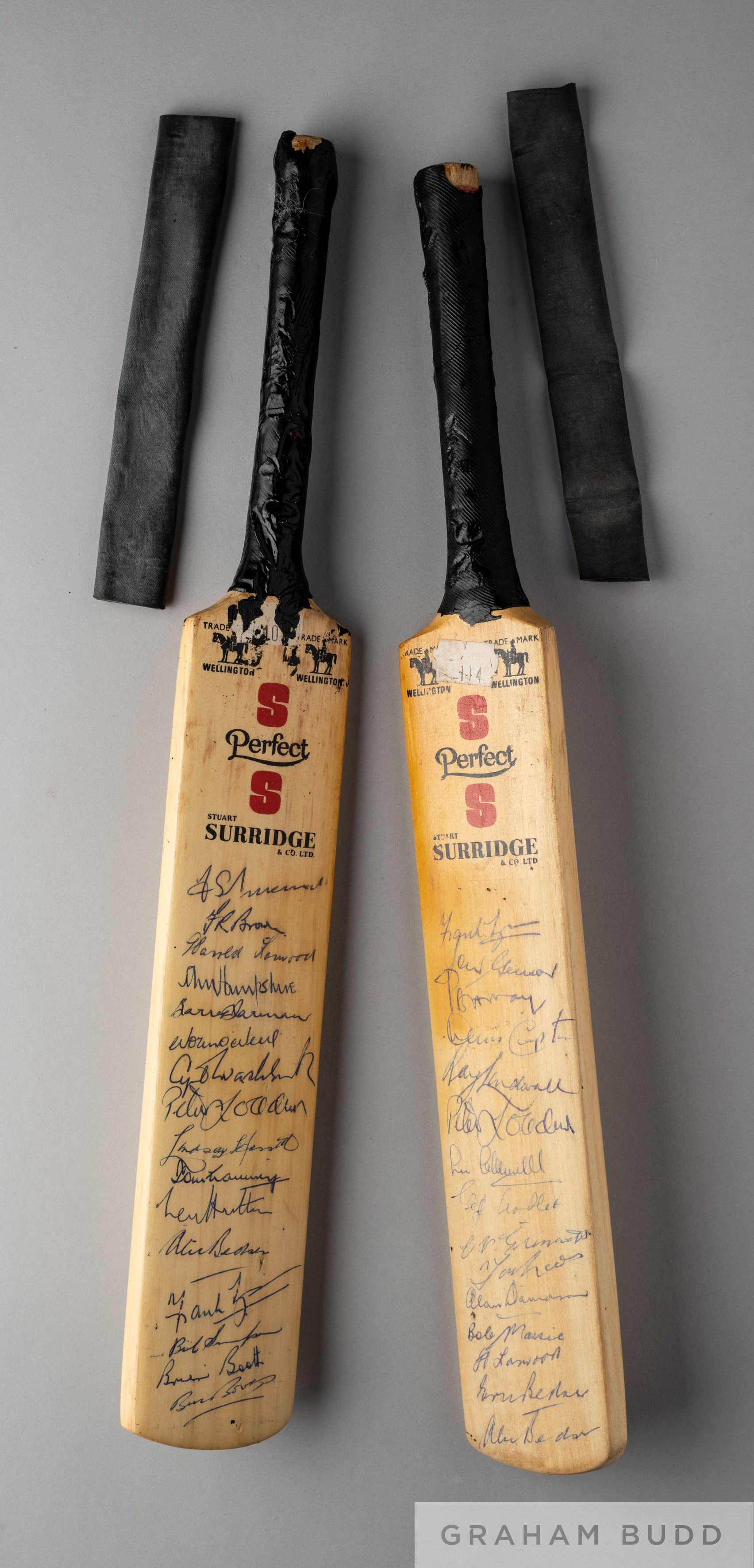David Lloyd, two Stuart Surridge miniature autographed cricket bats
