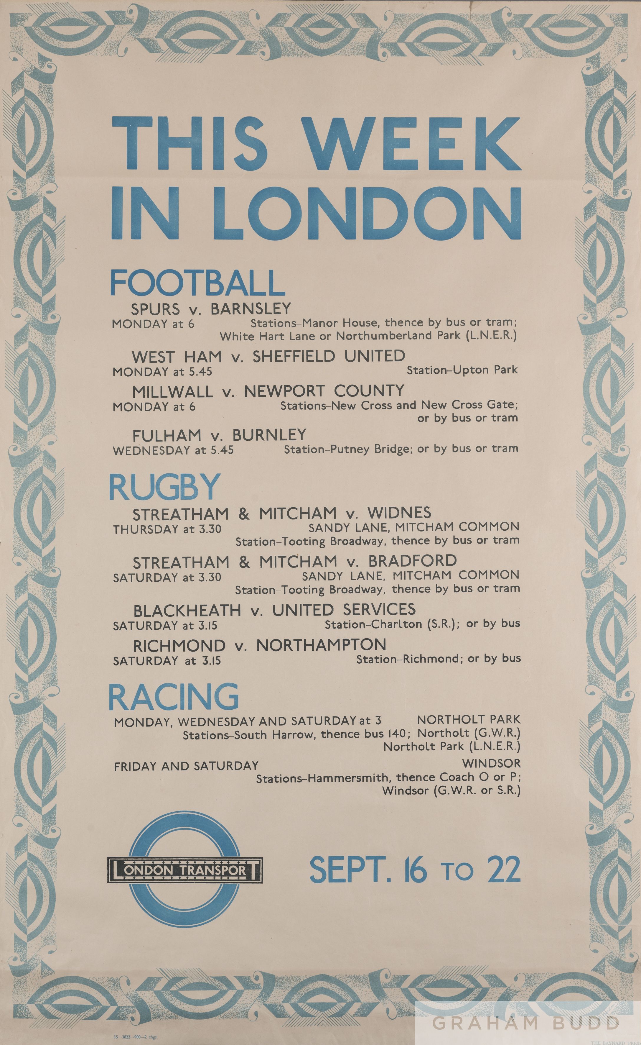 London Transport 'This Week in London Sporting fixtures' Sept. 16 to 22 poster,