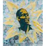 A framed oil on canvas stylized portrait of Pelé shining like the sun, surrounded by a galaxy of foo