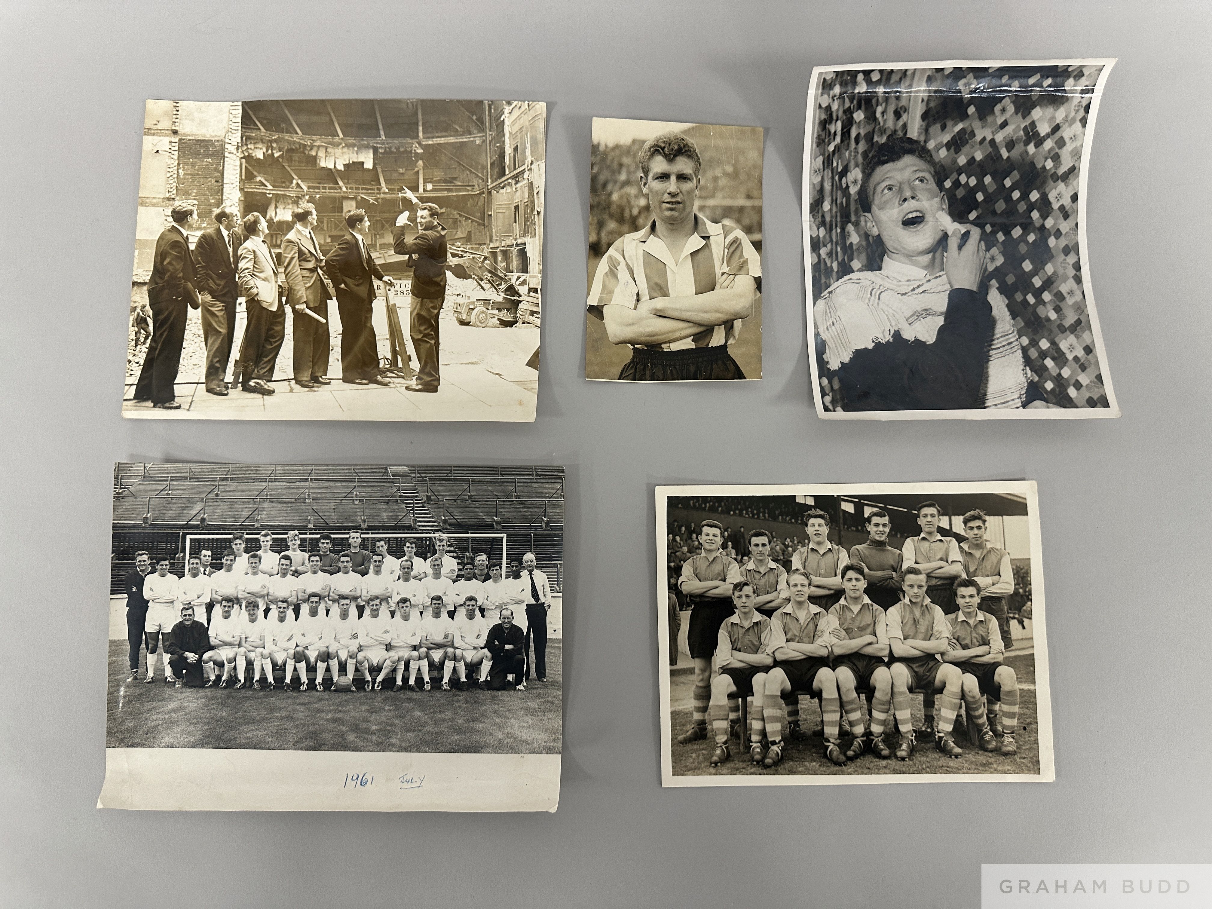 Five black and white Football press photographs relating to the career of Colin Grainger,