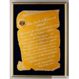 A gold tone metal tribute plaque mounted on blue felt presented to Pelé by Nei Eduardo Serra,