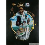 A framed acrylic on panel caricature of “King Pelé” in his New York Cosmos uniform.