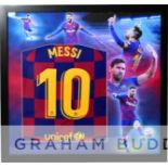 Lionel Messi signed and framed Barcelona 2019-20 home retro shirt,