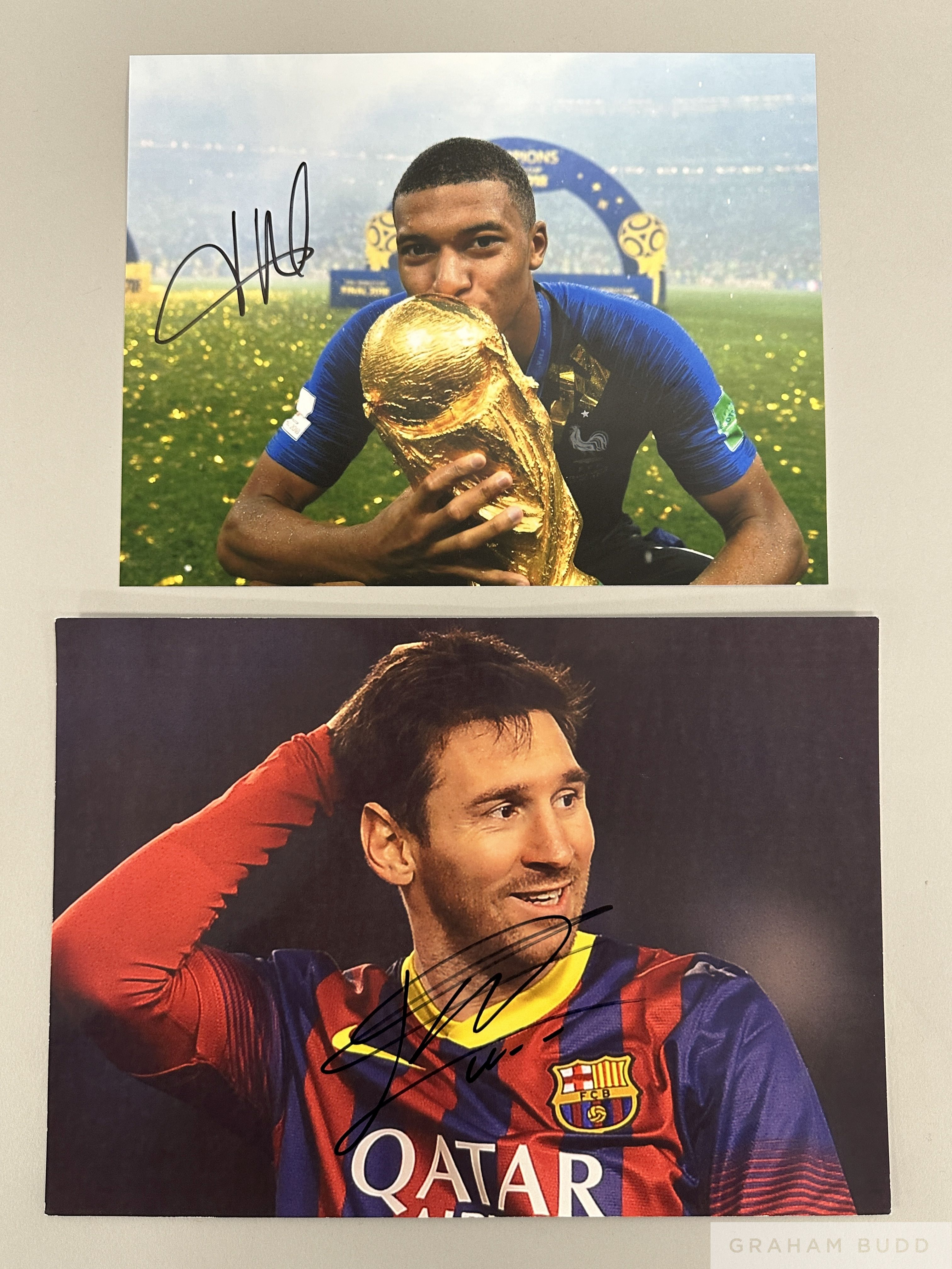 Colour autographed photographs of Lionel Messi and Kylian Mbappe