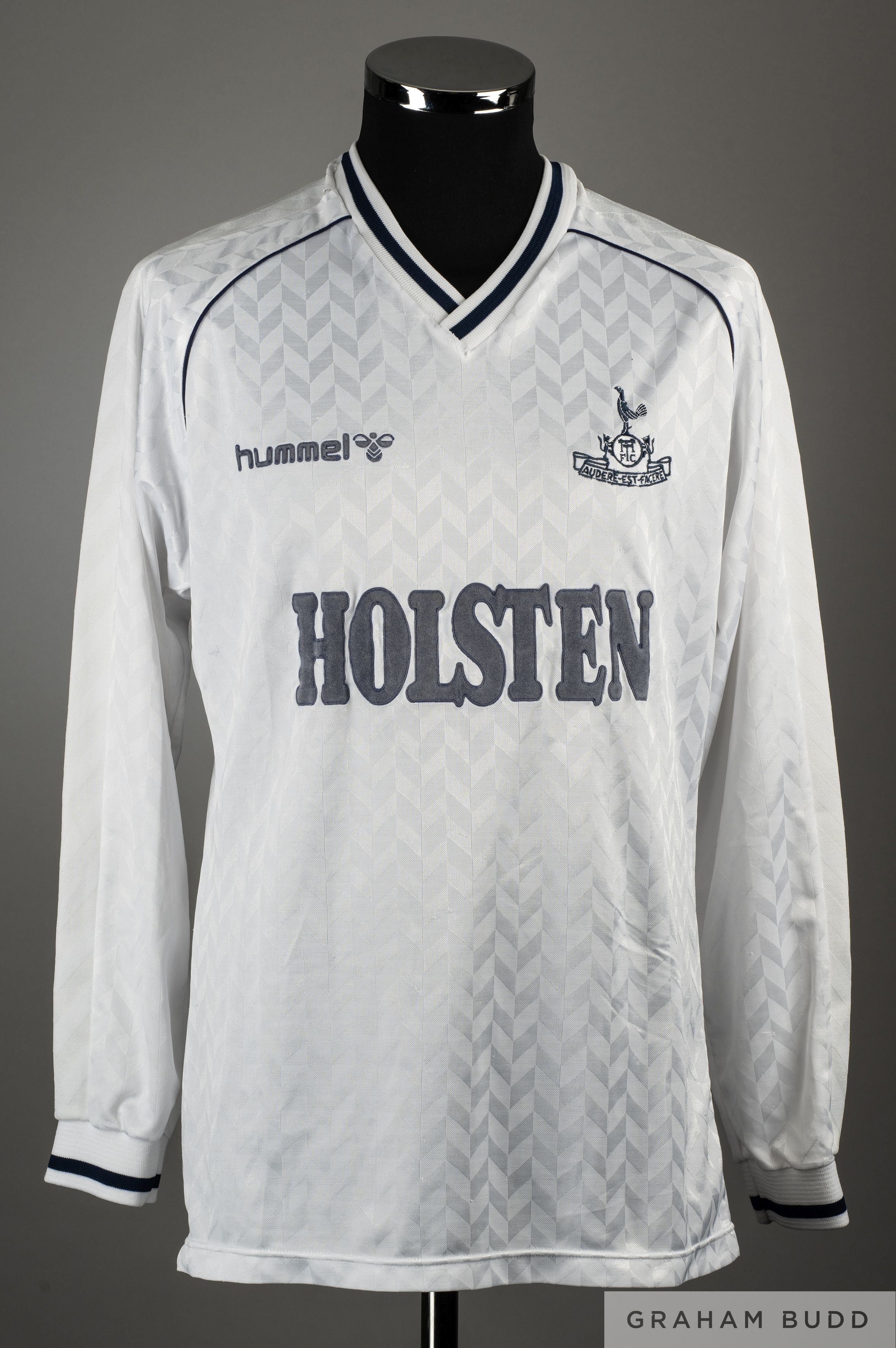 White and blue No.3 Tottenham Hotspur match worn long-sleeved shirt, c.1988-89