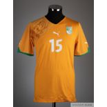 Aruna Dindane No.15 orange Ivory Coast short sleeved shirt, 2009-10