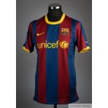 Pedro claret and blue No.17 Barcelona Champions League match worn short-sleeved shirt, 2010-11