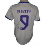 Karim Benzema signed Real Madrid home shirt season 2021-22 with Champions League patch