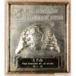 A framed silver tone tribute plaque from the Royal Football Federation of Spain