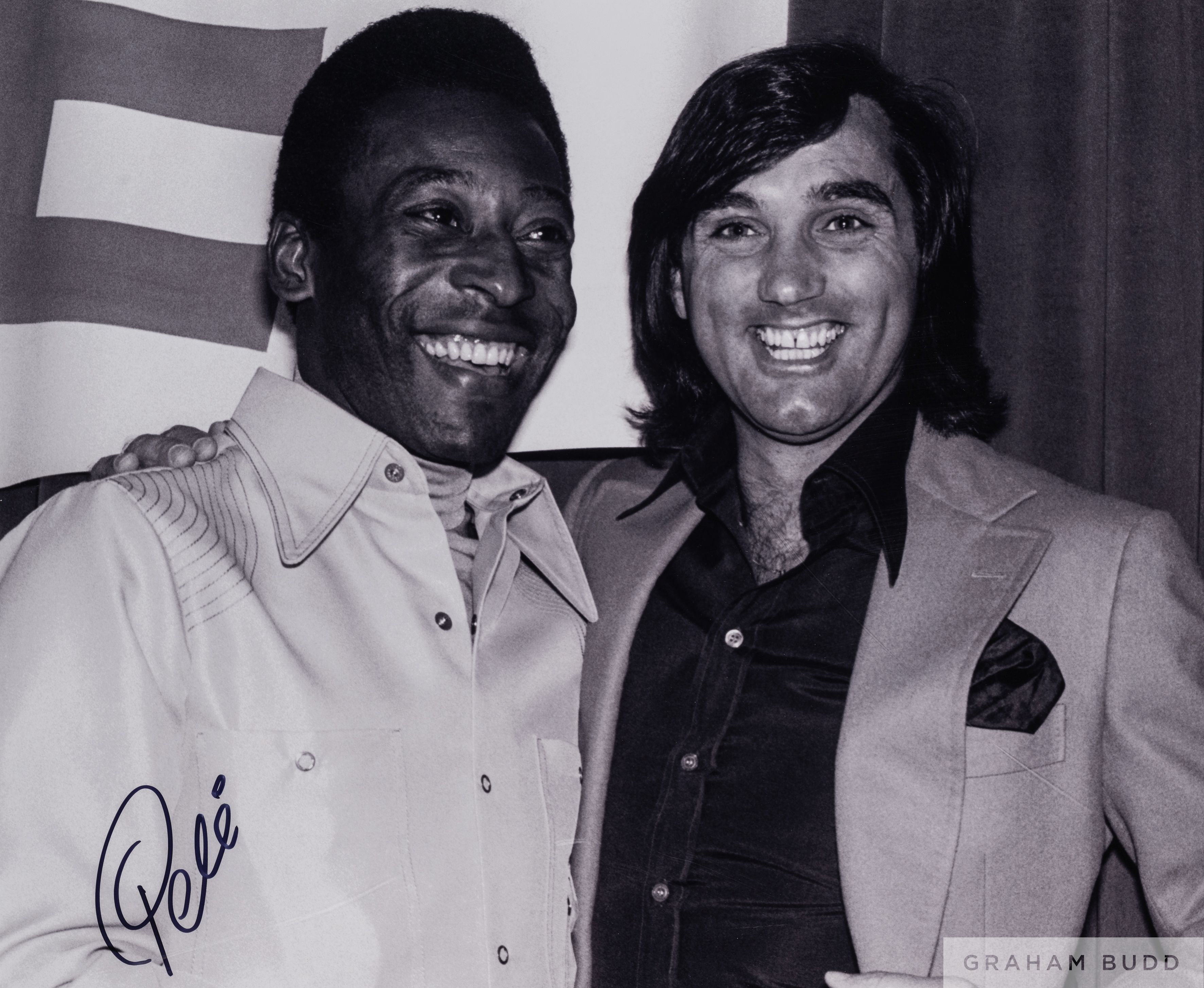 A large black and white portrait photograph of Pele and George Best