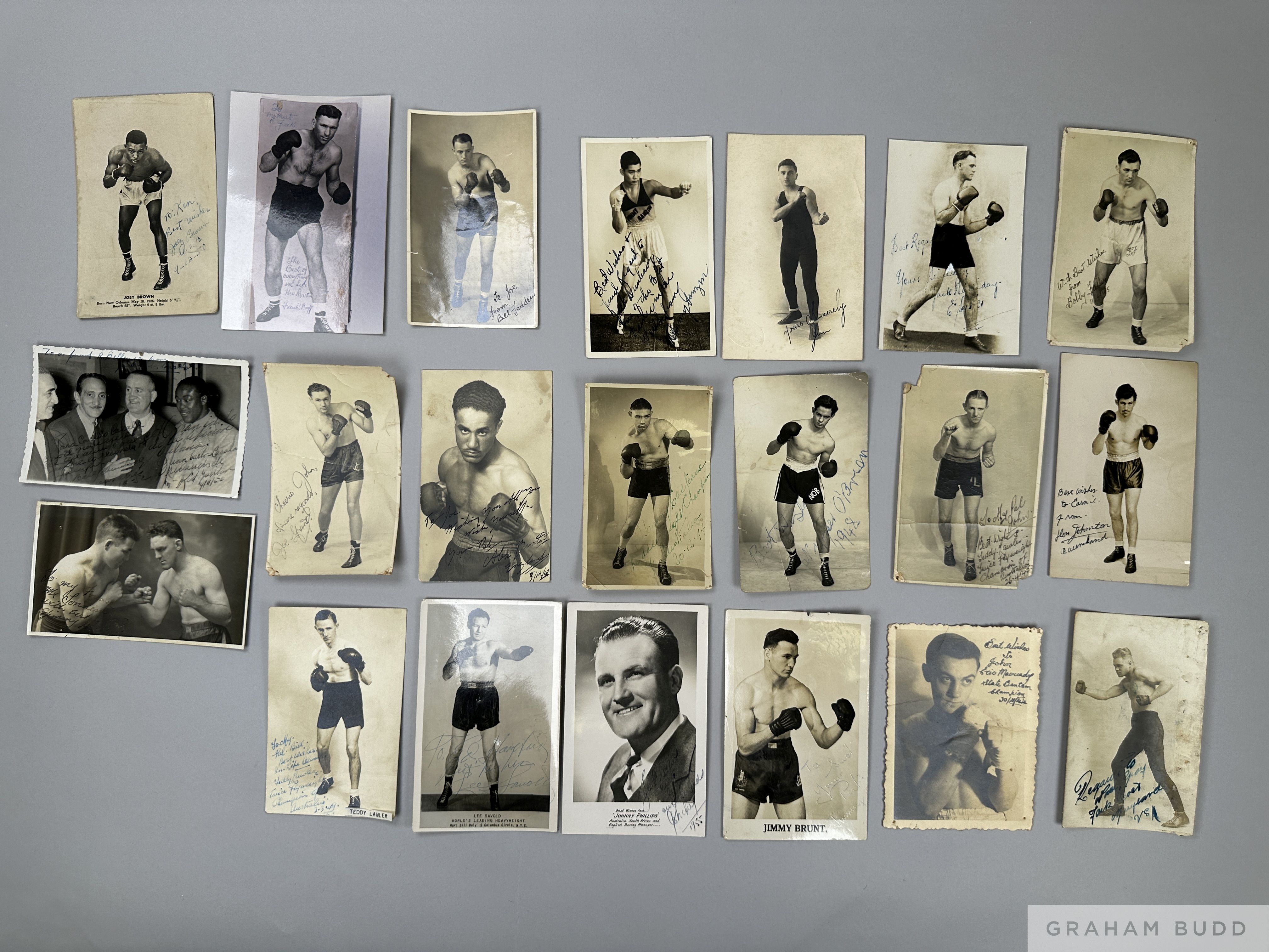 Boxing collection of signed photographs & postcards, circa 1900-50,