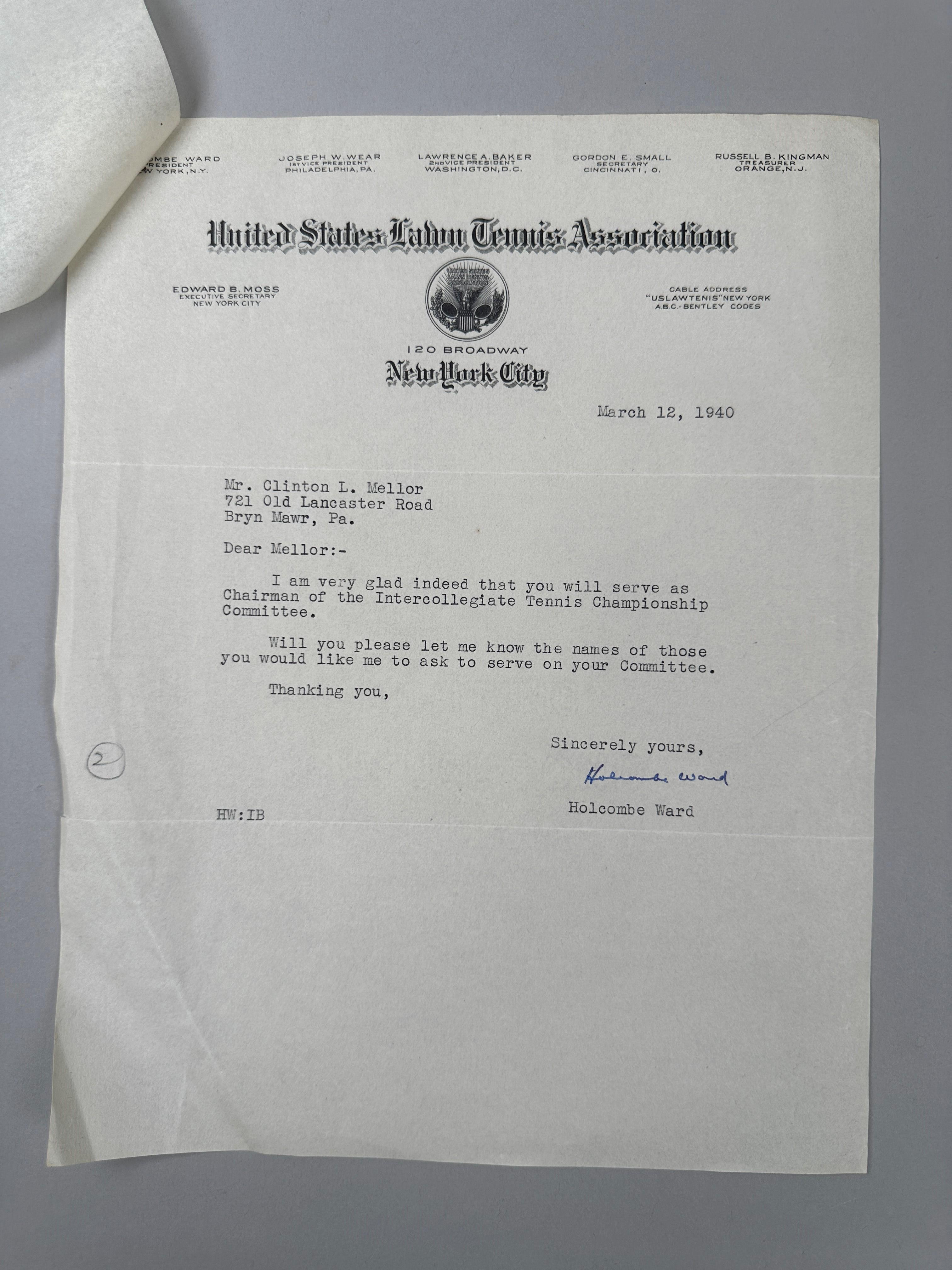 Rare letter on United States Lawn Tennis Association headed paper, 12th March 1940 - Image 2 of 2