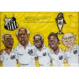 A framed aerosol on canvas caricature of Pelé along with other famous Santos FC players