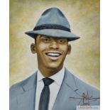 A framed oil on canvas portrait of Pelé in a blue suit and fedora.