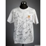 An Army white t-shirt bearing over thirty sportsmen and celebrity autographs