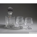 Two brandy glasses and a small decanter relating to snooker