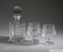Two brandy glasses and a small decanter relating to snooker