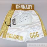 Pair of white and gold Gennady Golovkin autographed boxing shorts