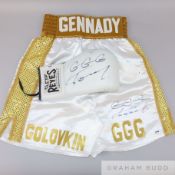 Pair of white and gold Gennady Golovkin autographed boxing shorts