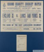 Grand Charity Cricket Match England XI v Lancs. and Yorks. XI August 15th 1917 advertising poster
