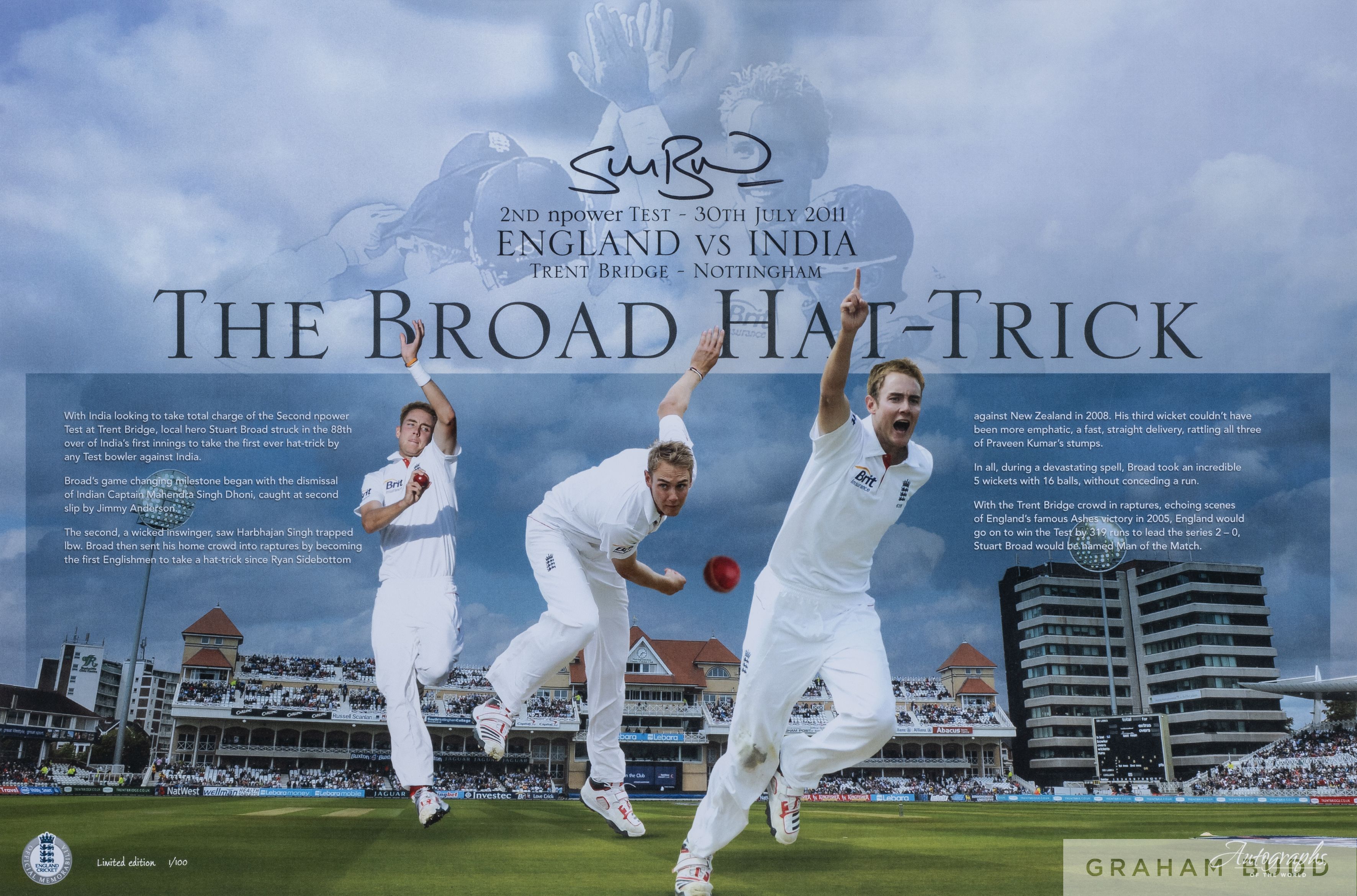 Stuart Broad, The Broad Hat-Trick autographed display