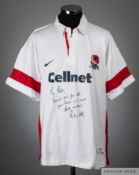 Richard Hill signed white England no.8 Five Nations shirt v France, at Twickenham, 20th March 1999