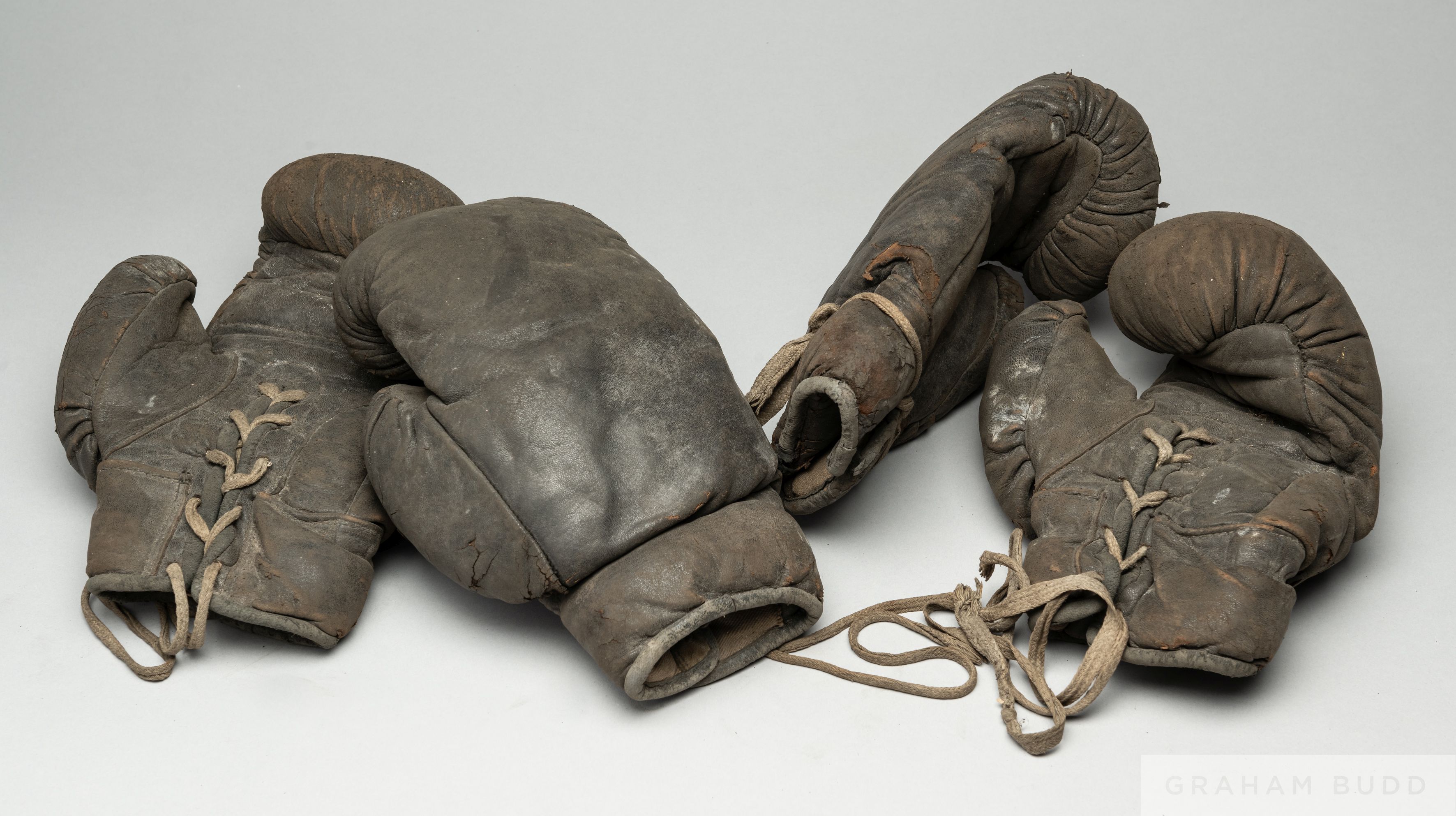 Jack London Snr v. Bruce Woodcock, two pairs of vintage boxing gloves, 1940s