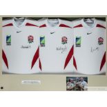 Three England 2003 World Cup shirts display, signed by Lawrence Dallaglio, Neil Back & Richard Hill