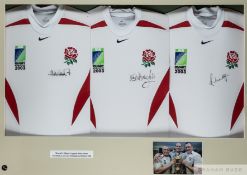Three England 2003 World Cup shirts display, signed by Lawrence Dallaglio, Neil Back & Richard Hill
