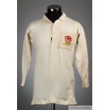 Jim Brough white No.15 England match worn rugby shirt, 1924-25