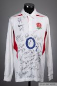 White and red England rugby shirt, bearing thirty-seven player autographs, 2004