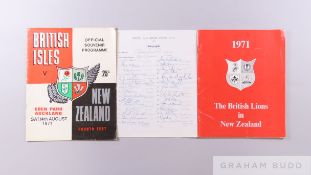A full set of autographs in pen of the British Isles Rugby Union team of 1971 with a tour brochure