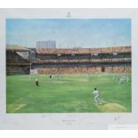 A pair of framed and glazed limited edition cricket prints and scorecards by Alan Fearnley,