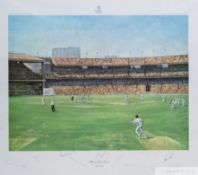 A pair of framed and glazed limited edition cricket prints and scorecards by Alan Fearnley,