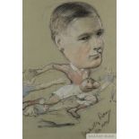 Pastel drawing a rugby players in action, dated 1912,