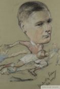 Pastel drawing a rugby players in action, dated 1912,