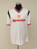 Norman Whiteside white, red and black No.6 Manchester United match worn short-sleeved shirt